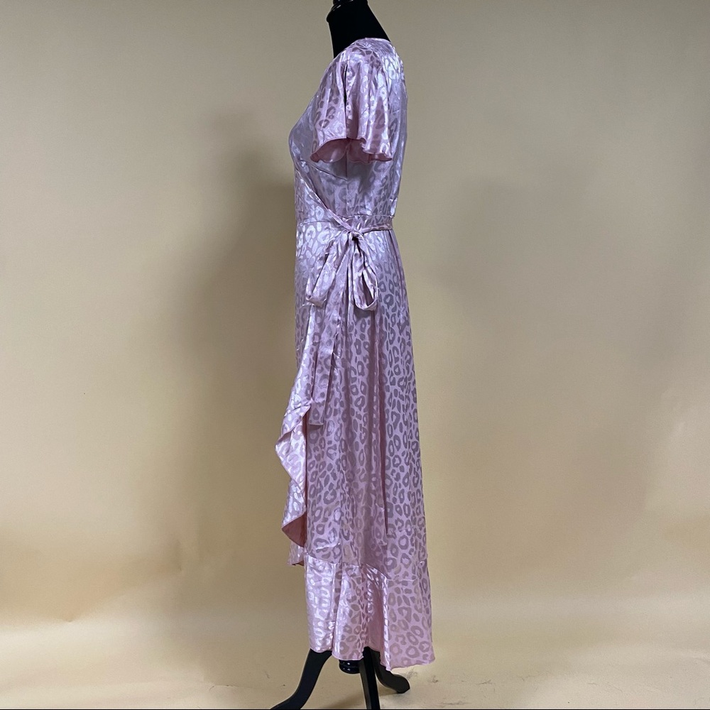 Simplee Dusty Pink Leopard Asymmetrical Ruffle Hem Wrap Belted Satin Dress Sz L - Picture 11 of 14